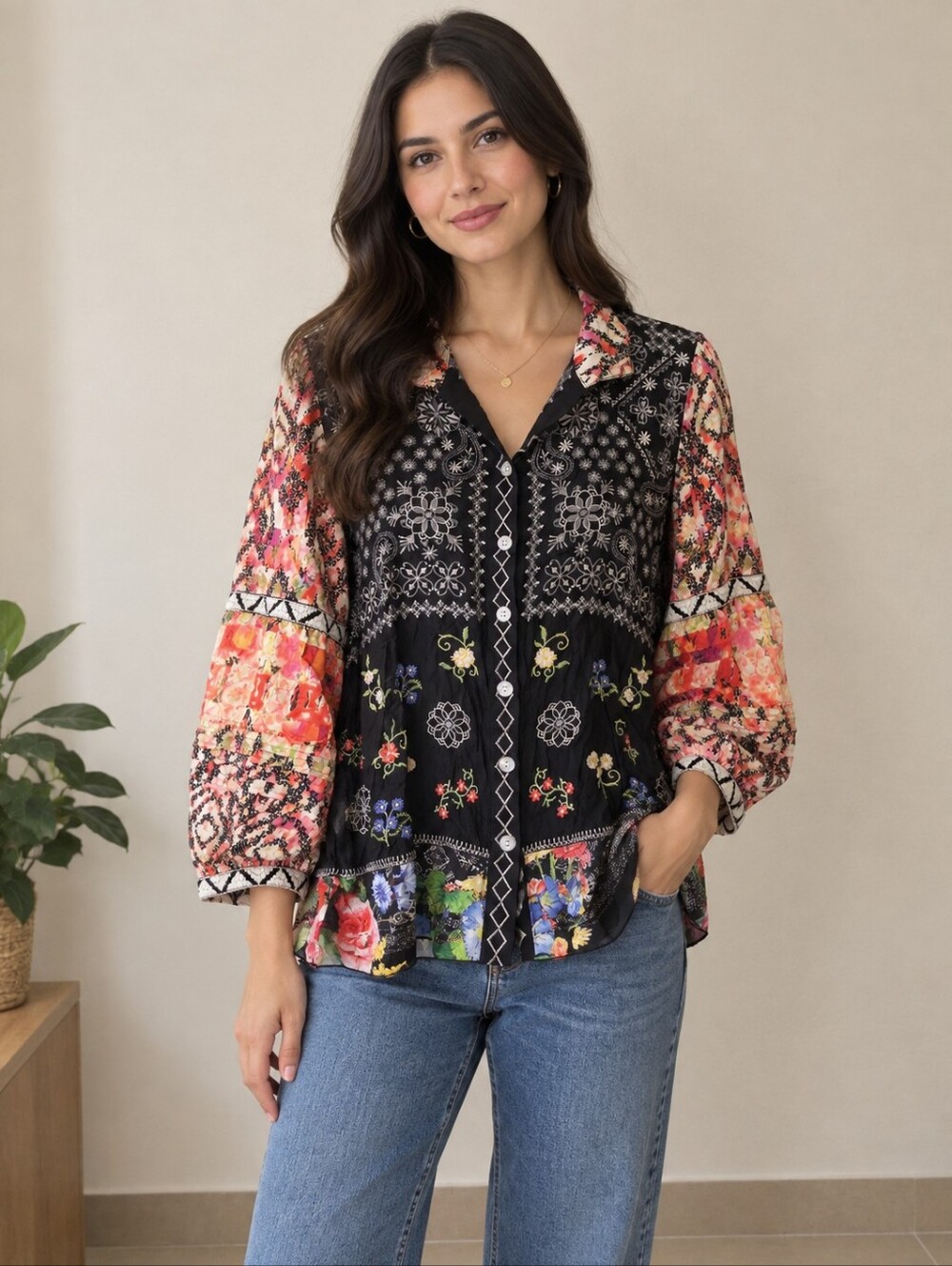 John Mark Mixed Floral & Pattern Button-Up Blouse - Black & Coral